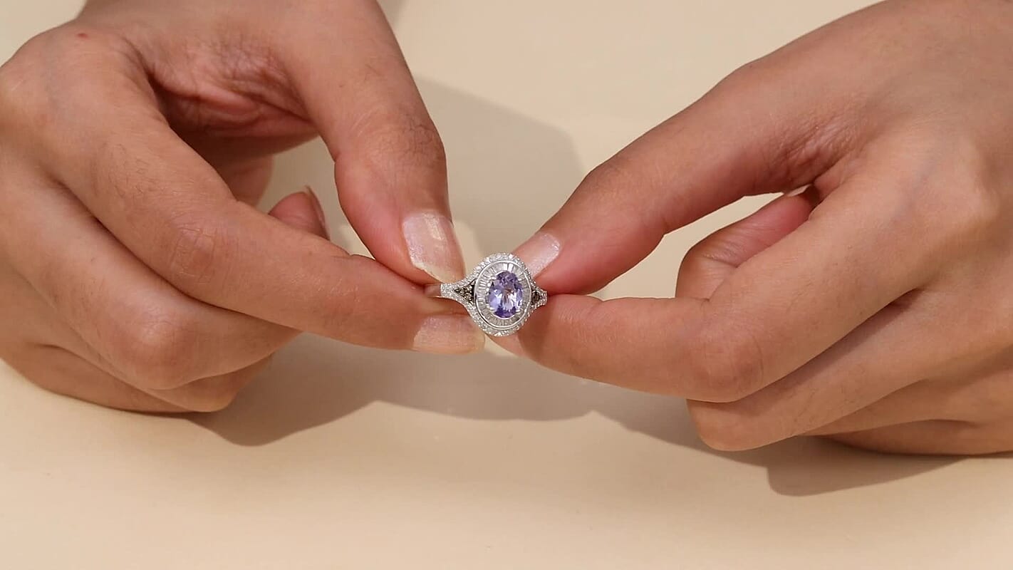 D'Joy Tanzanite, Natural Champagne and White Diamond 1.75 ctw Ring in Rhodium Over Sterling Silver (Size 10.0)