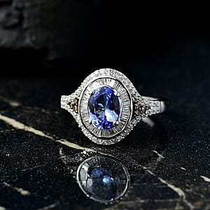D'JoyTanzanite, Natural Champagne and White Diamond Celestial Ring in Rhodium Over Sterling Silver 1.75 ctw (Size 6.0)