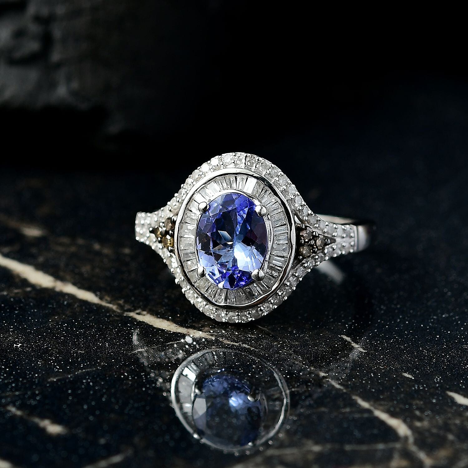 D'Joy Tanzanite, Natural Champagne and White Diamond 1.75 ctw Ring in Rhodium Over Sterling Silver (Size 10.0)