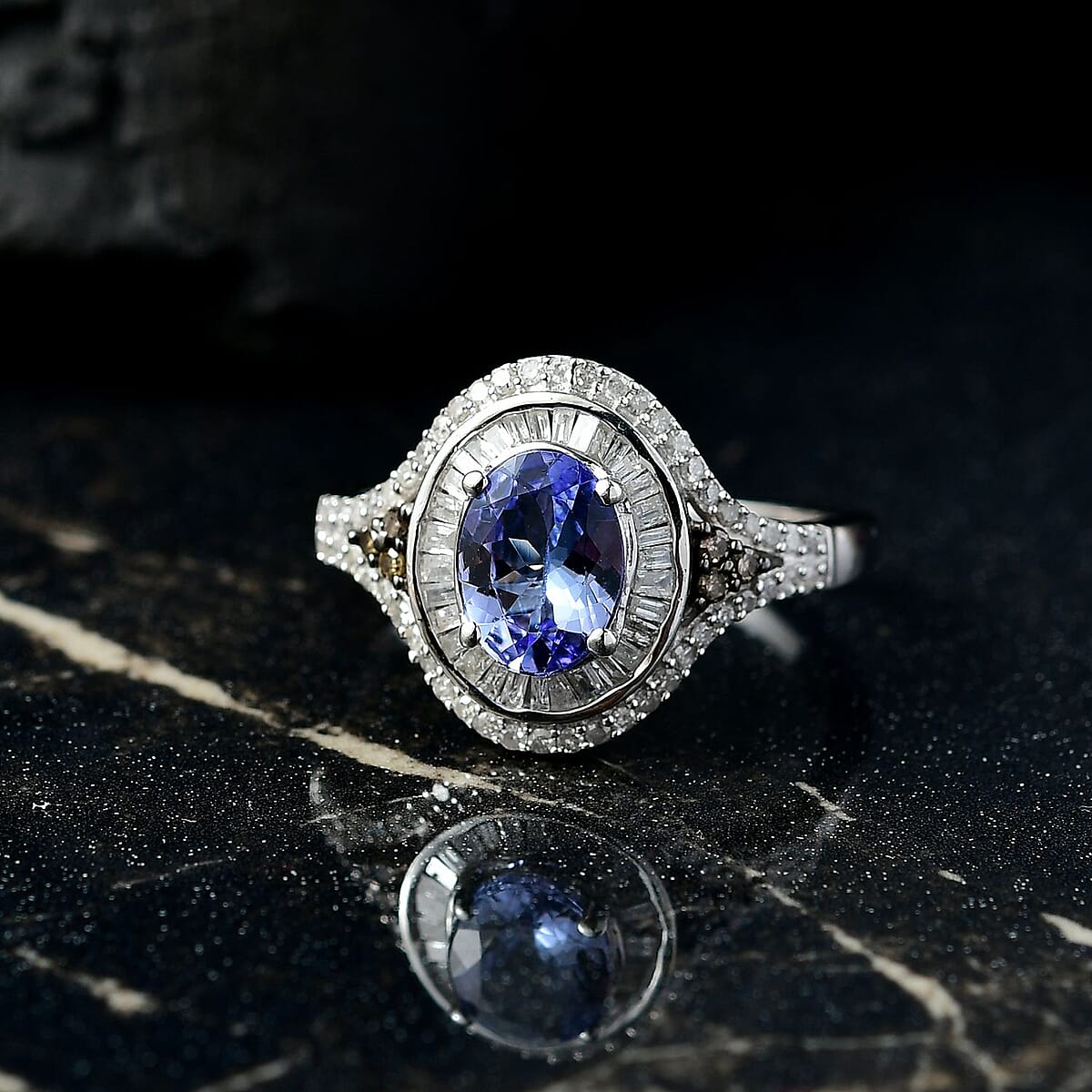 D'Joy Tanzanite, Natural Champagne and White Diamond 1.75 ctw Celestial Ring in Rhodium Over Sterling Silver (Size 9.0) image number 1
