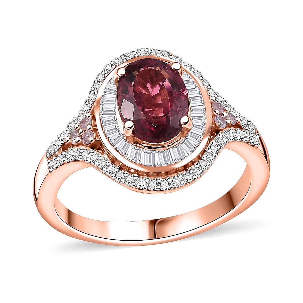 D'Joy Ouro Fino Rubellite, Natural Pink and White Diamond 1.85 ctw Celestial Ring in 18K Vermeil Rose Gold Over Sterling Silver (Size 10.0) image number 0