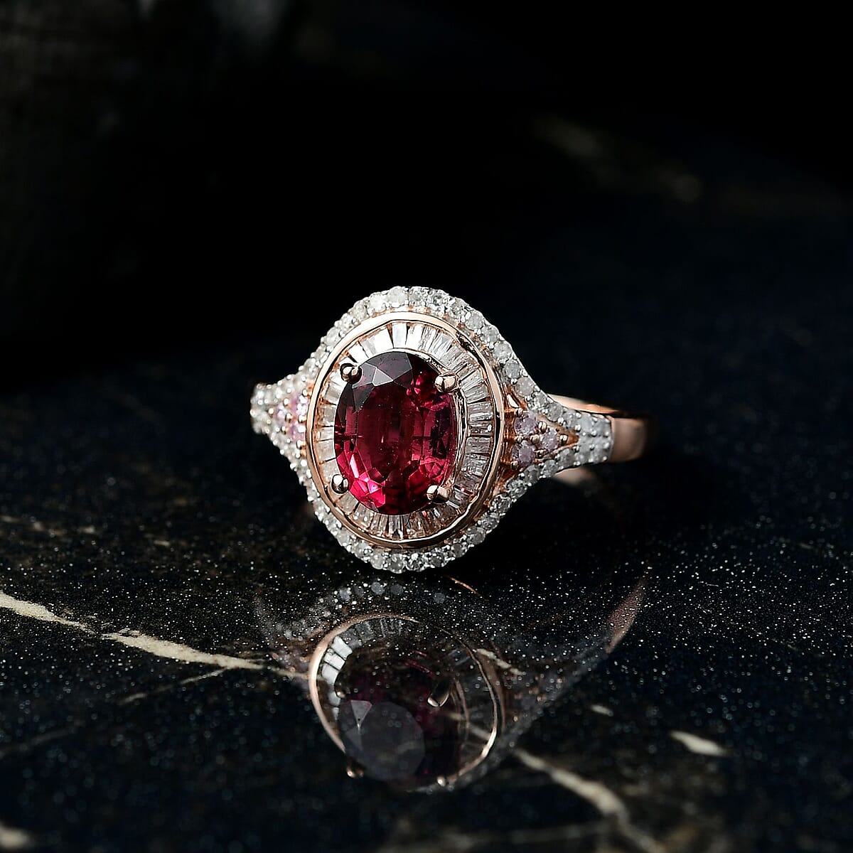 D'Joy Ouro Fino Rubellite, Natural Pink and White Diamond 1.85 ctw Celestial Ring in 18K Vermeil Rose Gold Over Sterling Silver (Size 10.0) image number 1