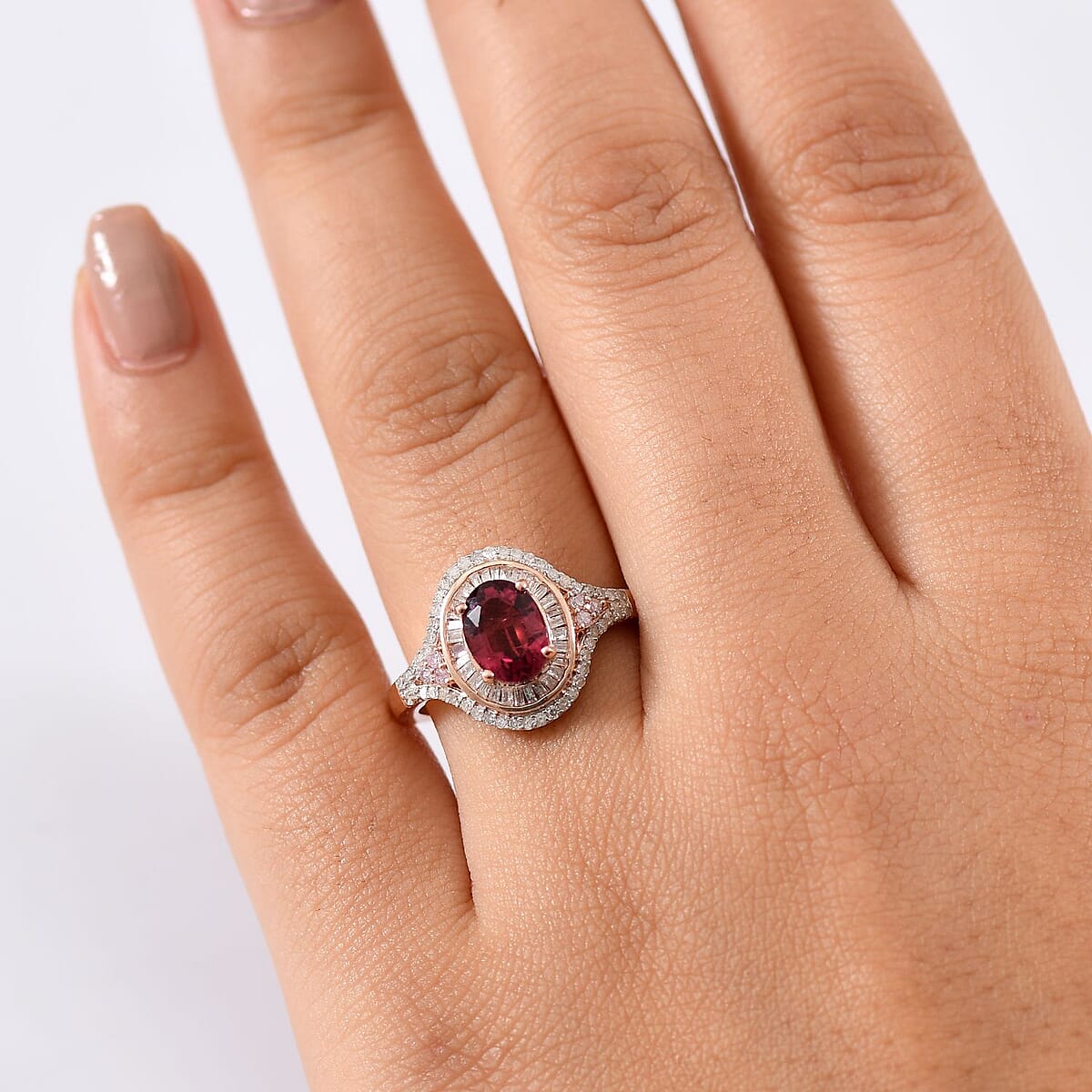 D'Joy Ouro Fino Rubellite, Natural Pink and White Diamond 1.85 ctw Celestial Ring in 18K Vermeil Rose Gold Over Sterling Silver (Size 10.0) image number 2