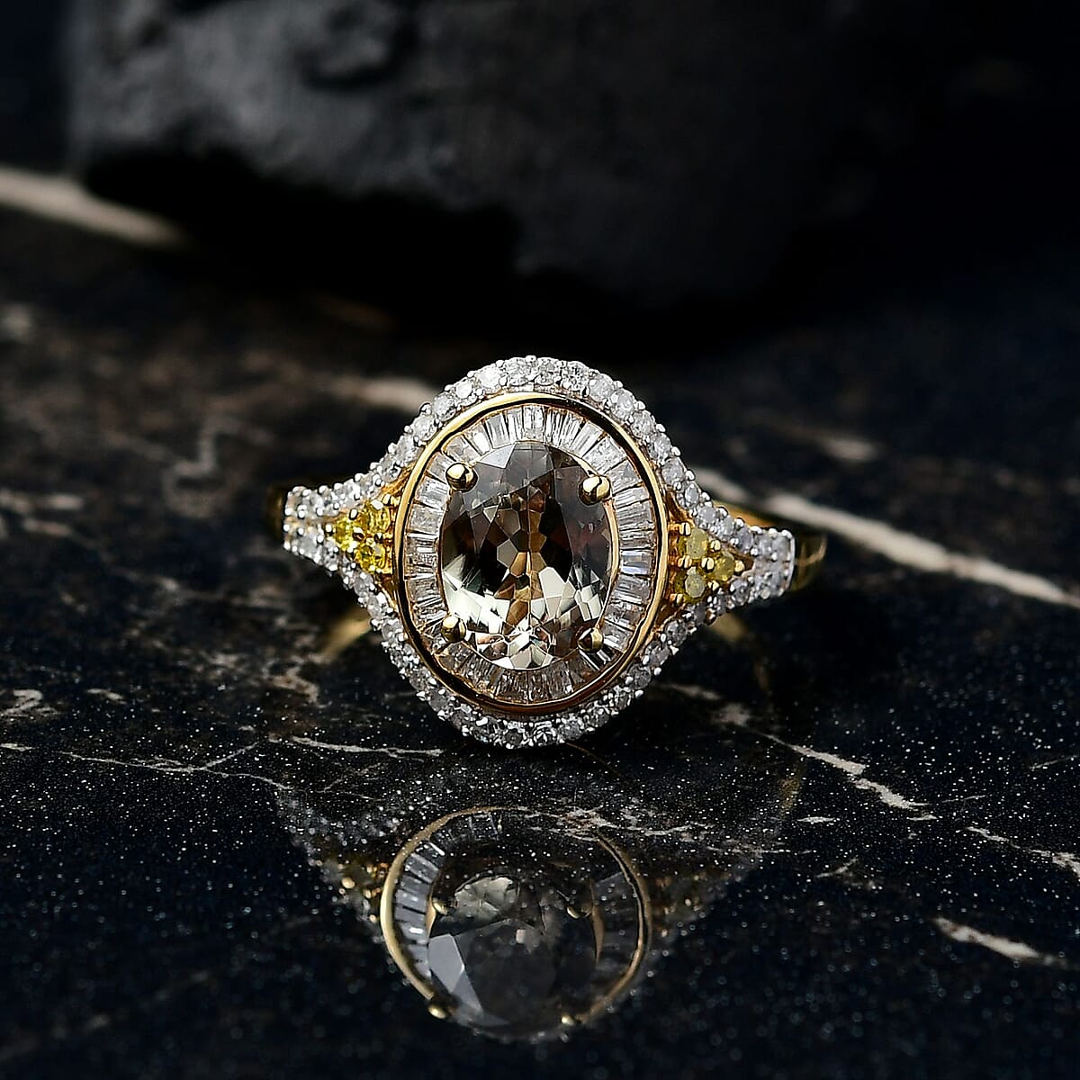 D'Joy Turkizite, Yellow and White Diamond 2.00 ctw Ring in 18K Vermeil Yellow Gold Over Sterling Silver (Size 10.0) image number 1