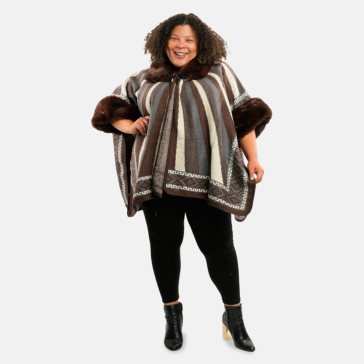 Instyle Brown Stripe Faux Fur Ruana - One Size Fits Most image number 0