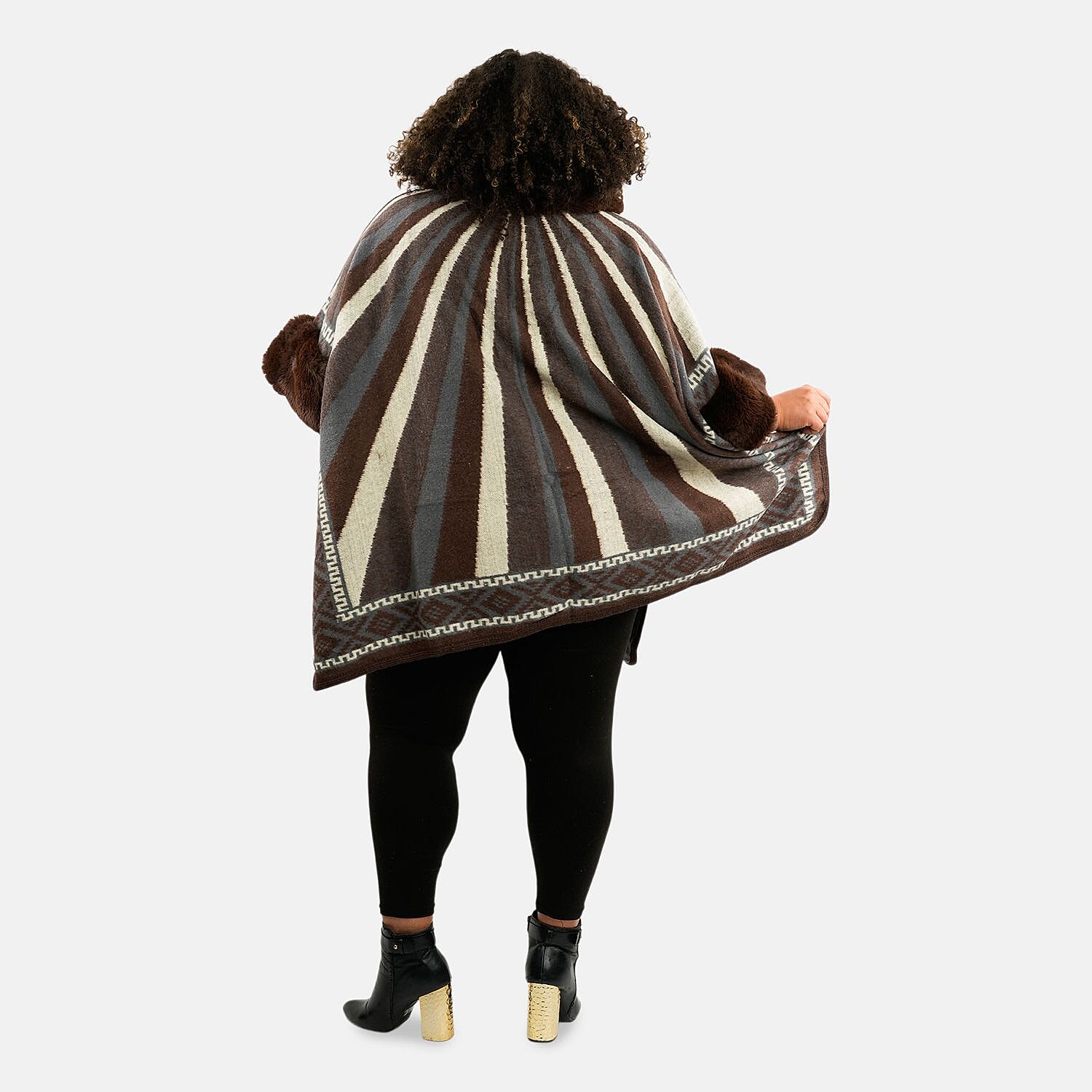 Instyle Brown Stripe Faux Fur Ruana - One Size Fits Most