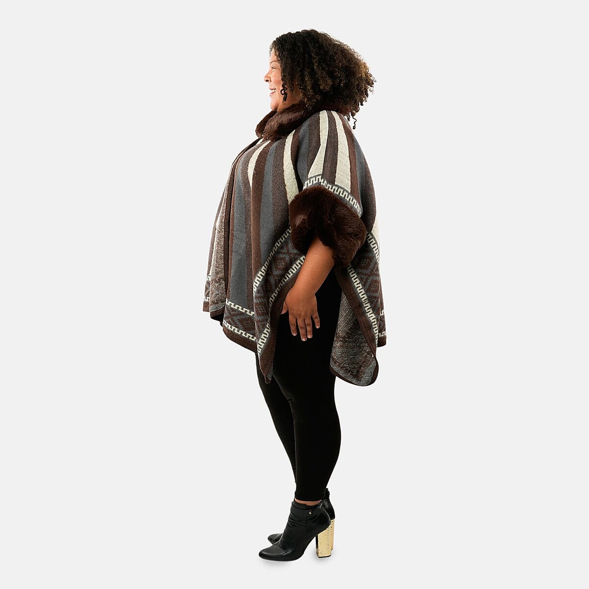 Instyle Brown Stripe Faux Fur Ruana - One Size Fits Most image number 2
