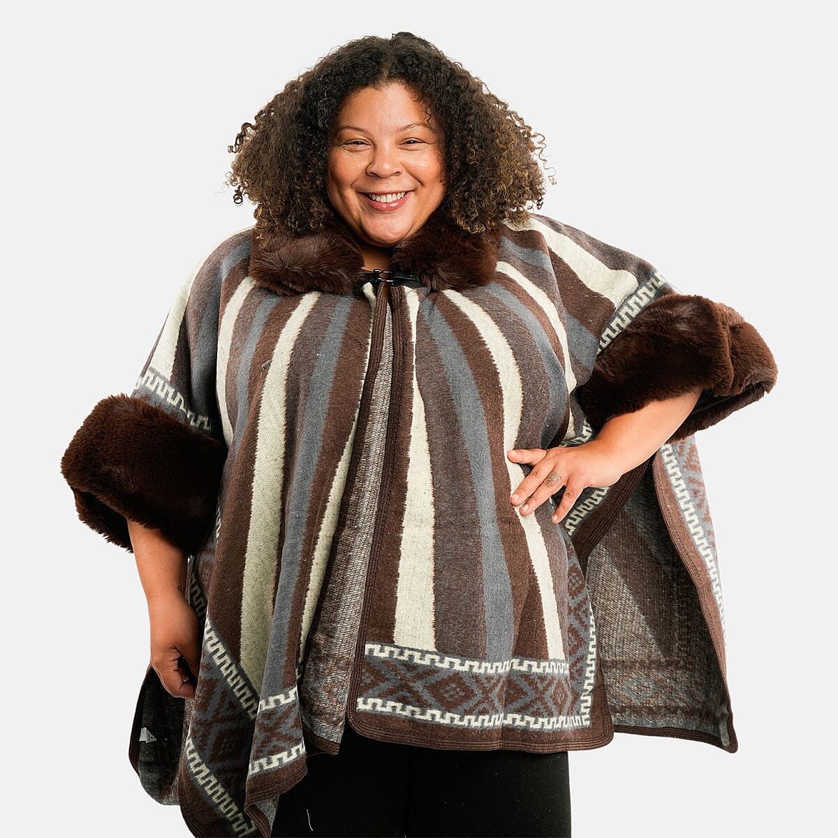Instyle Brown Stripe Faux Fur Ruana - One Size Fits Most image number 3