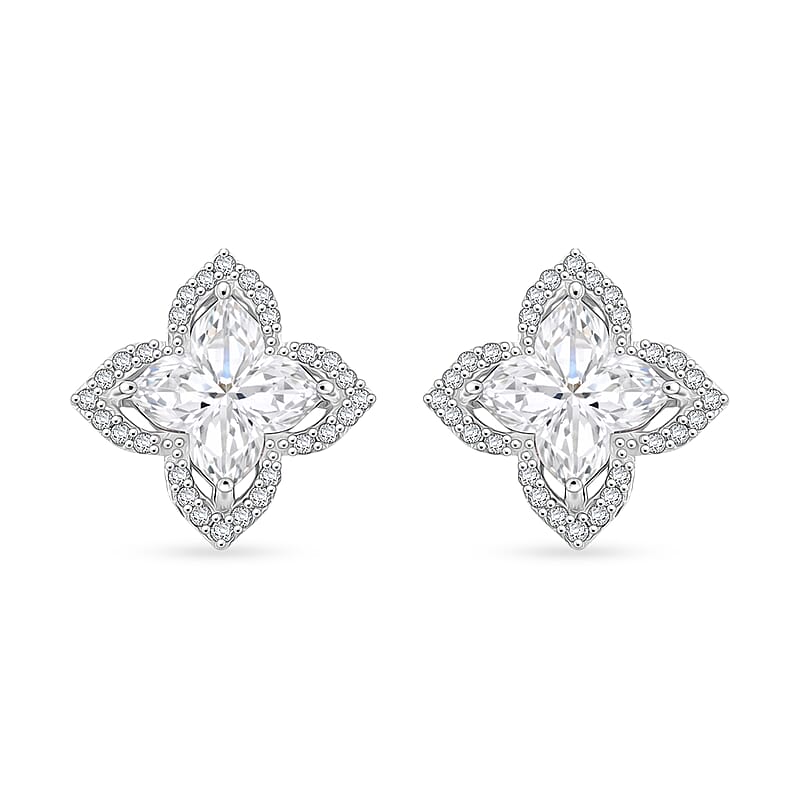 D'Joy Clover Cut Moissanite 2.40 ctw Royal Bloom Earrings in Rhodium Over Sterling Silver
