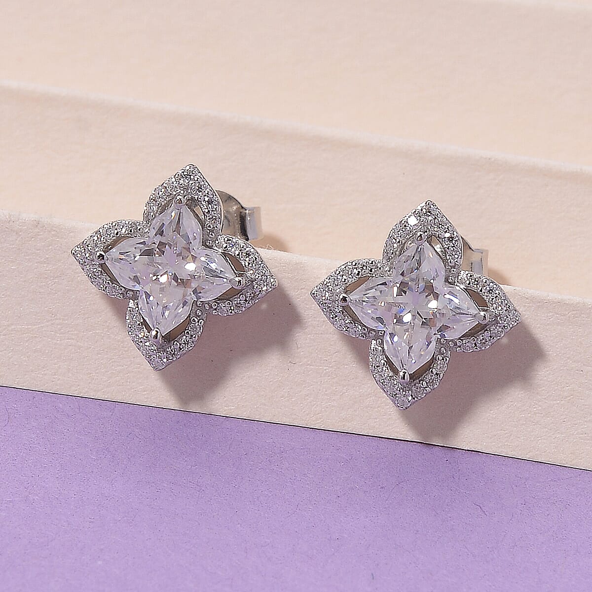 Clover Cut Moissanite 2.40 ctw Royal Bloom Earrings in Rhodium Over Sterling Silver image number 1