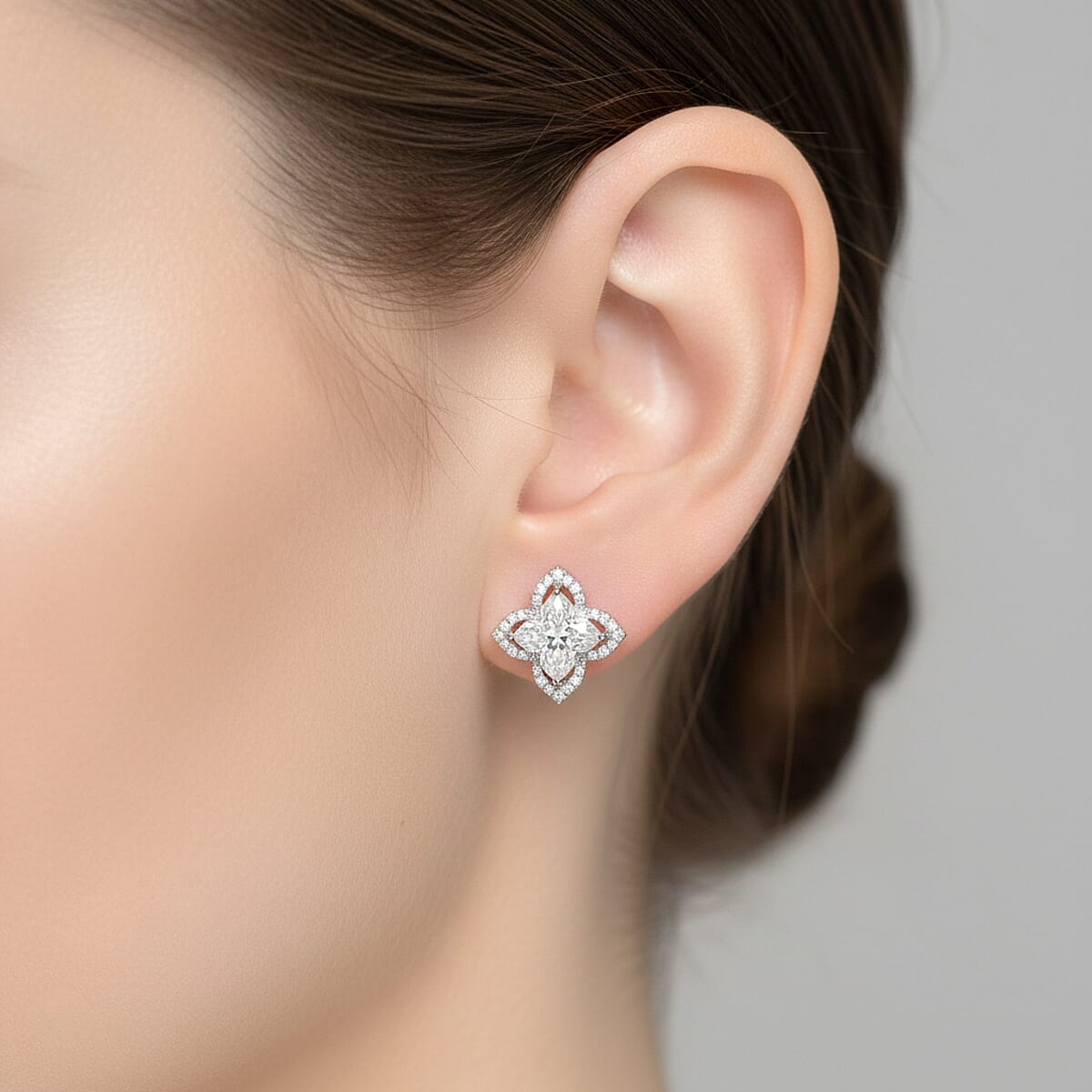 Clover Cut Moissanite 2.40 ctw Royal Bloom Earrings in Rhodium Over Sterling Silver image number 2