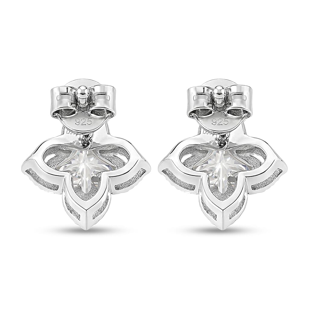D'Joy Clover Cut Moissanite 2.40 ctw Royal Bloom Earrings in Rhodium Over Sterling Silver
