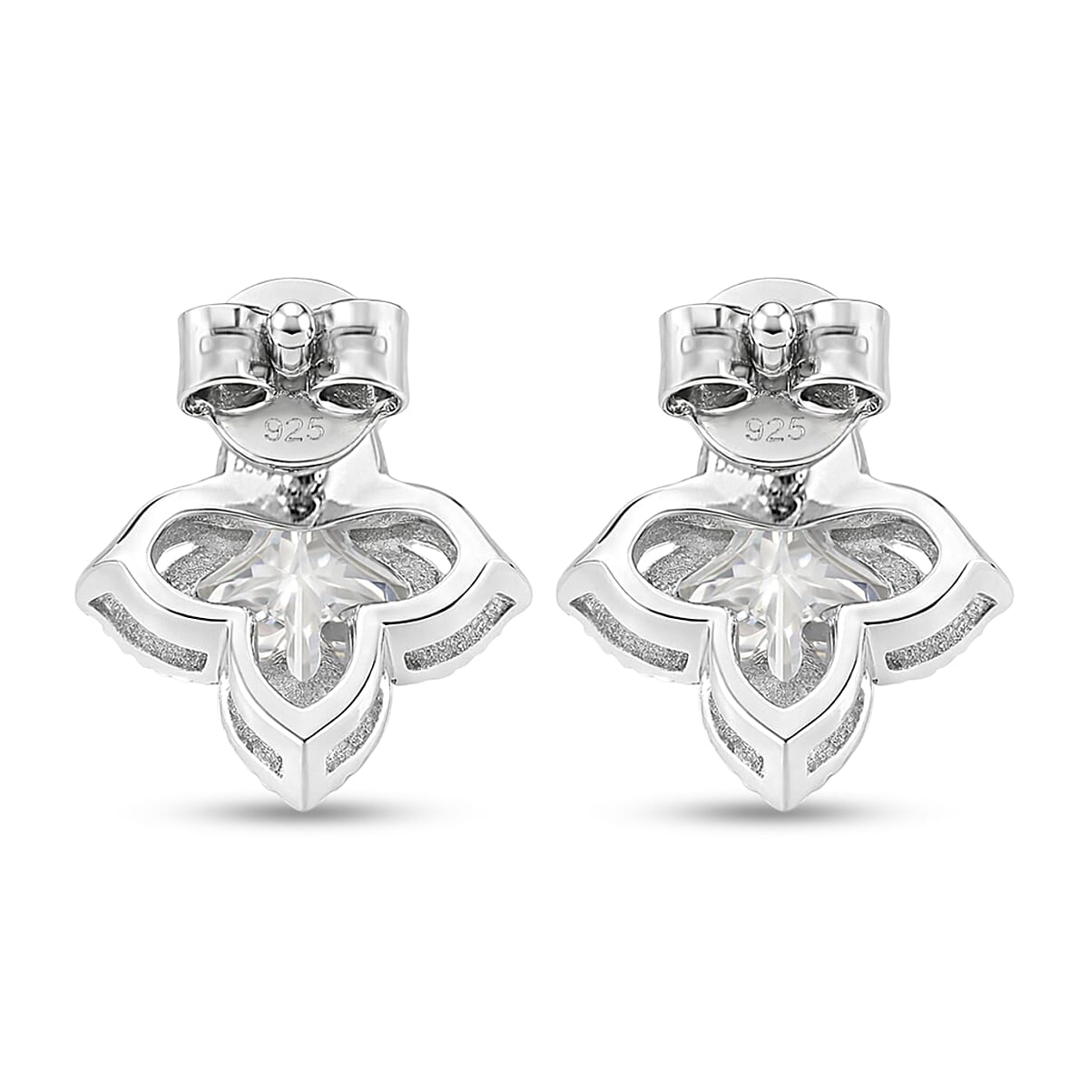 Clover Cut Moissanite 2.40 ctw Royal Bloom Earrings in Rhodium Over Sterling Silver image number 4