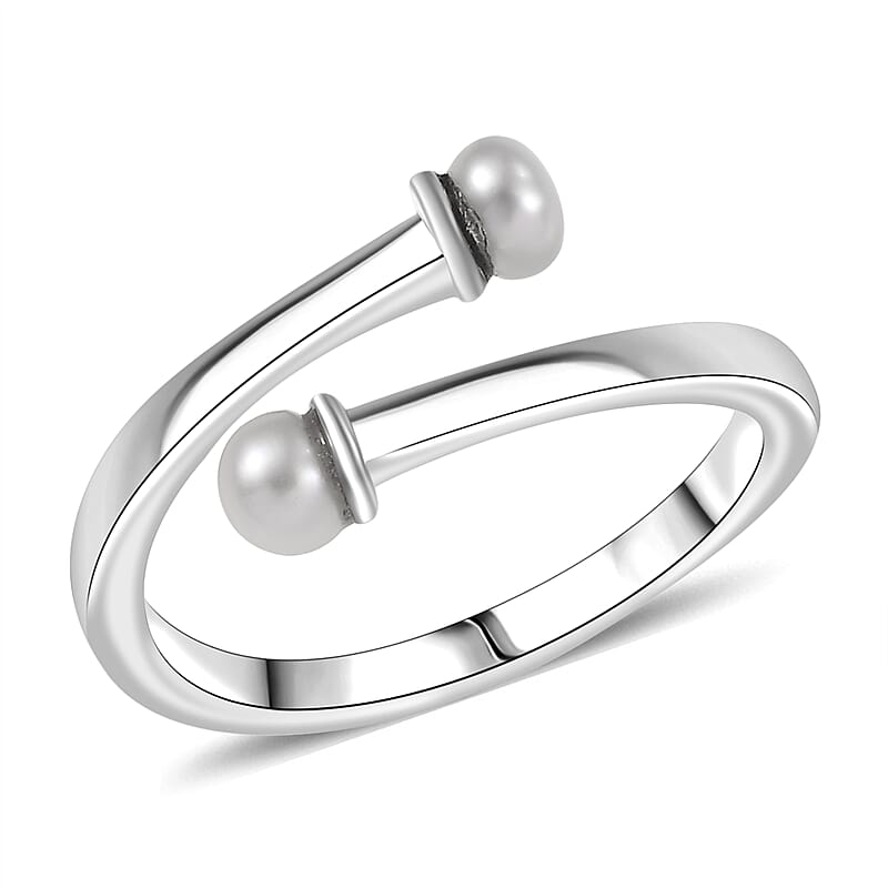 D'Joy Pearl Bypass Ring in Rhodium Over Sterling Silver (Size 5.0)