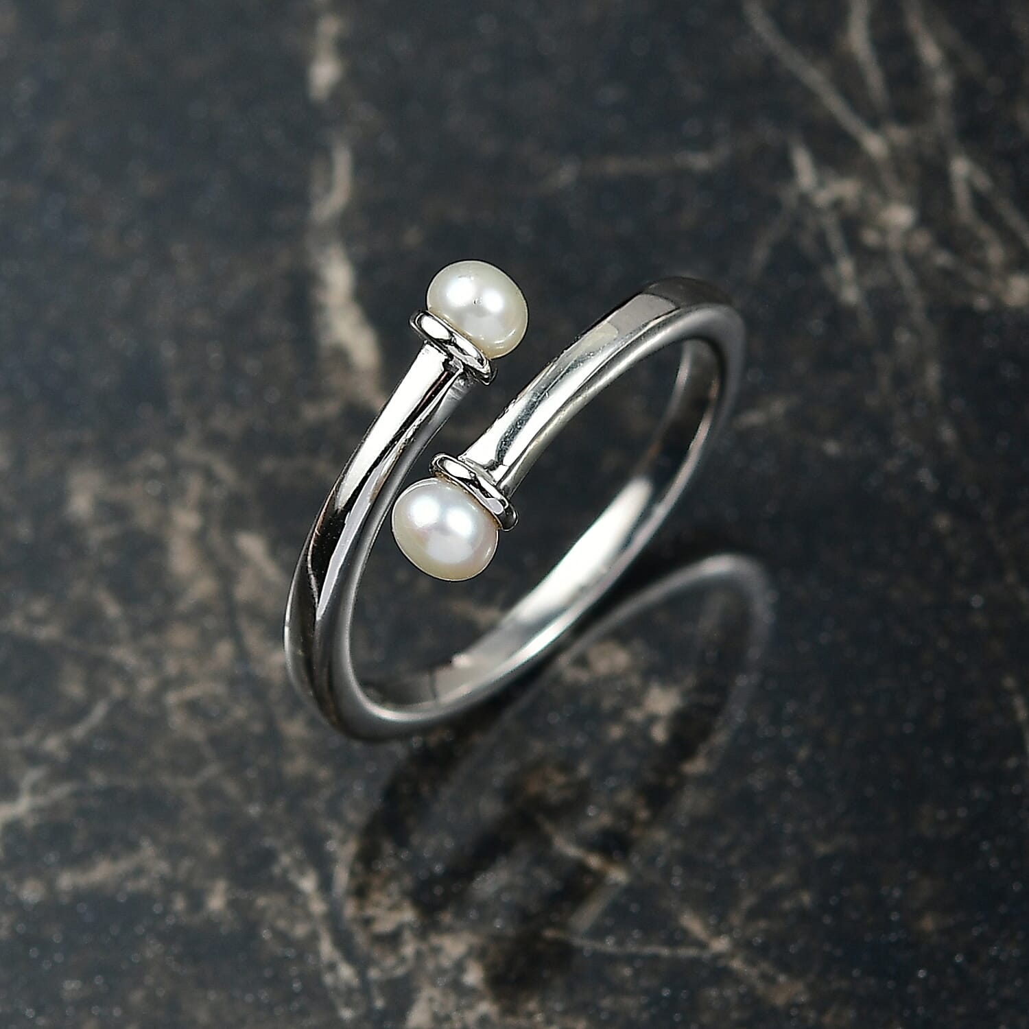 D'Joy Pearl Bypass Ring in Rhodium Over Sterling Silver (Size 5.0)