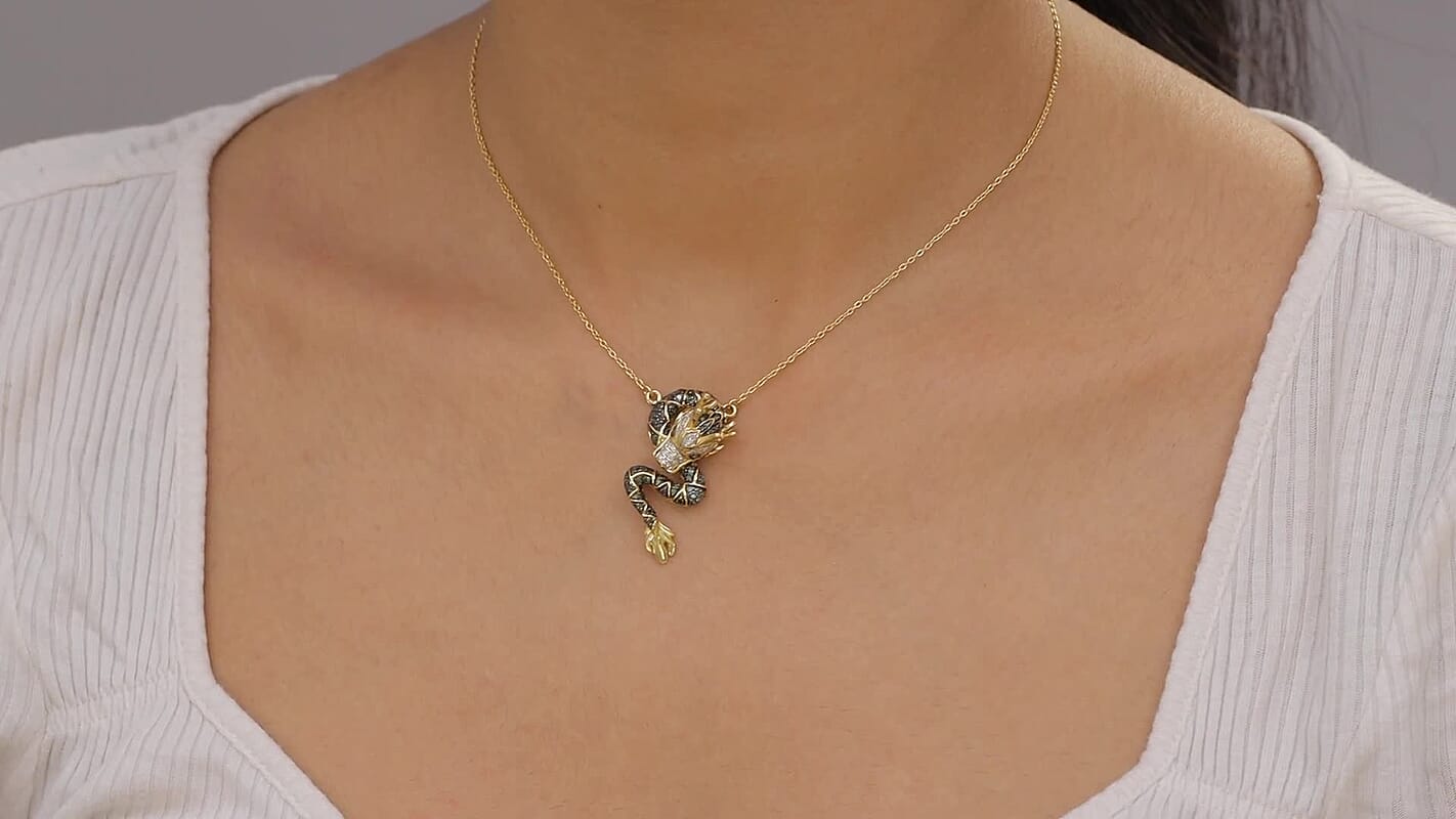 GP Trionfo Collection Green and White Diamond 0.70 ctw Dragon Necklace in 18K Vermeil Yellow Gold Over Sterling Silver (18-20 Inches)