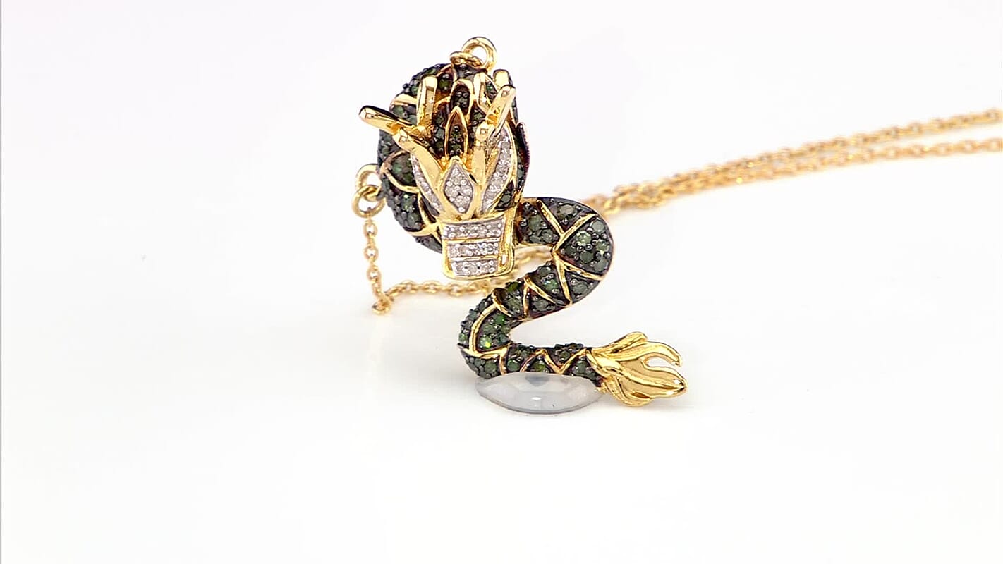 GP Trionfo Collection Green and White Diamond 0.70 ctw Dragon Necklace in 18K Vermeil Yellow Gold Over Sterling Silver (18-20 Inches)