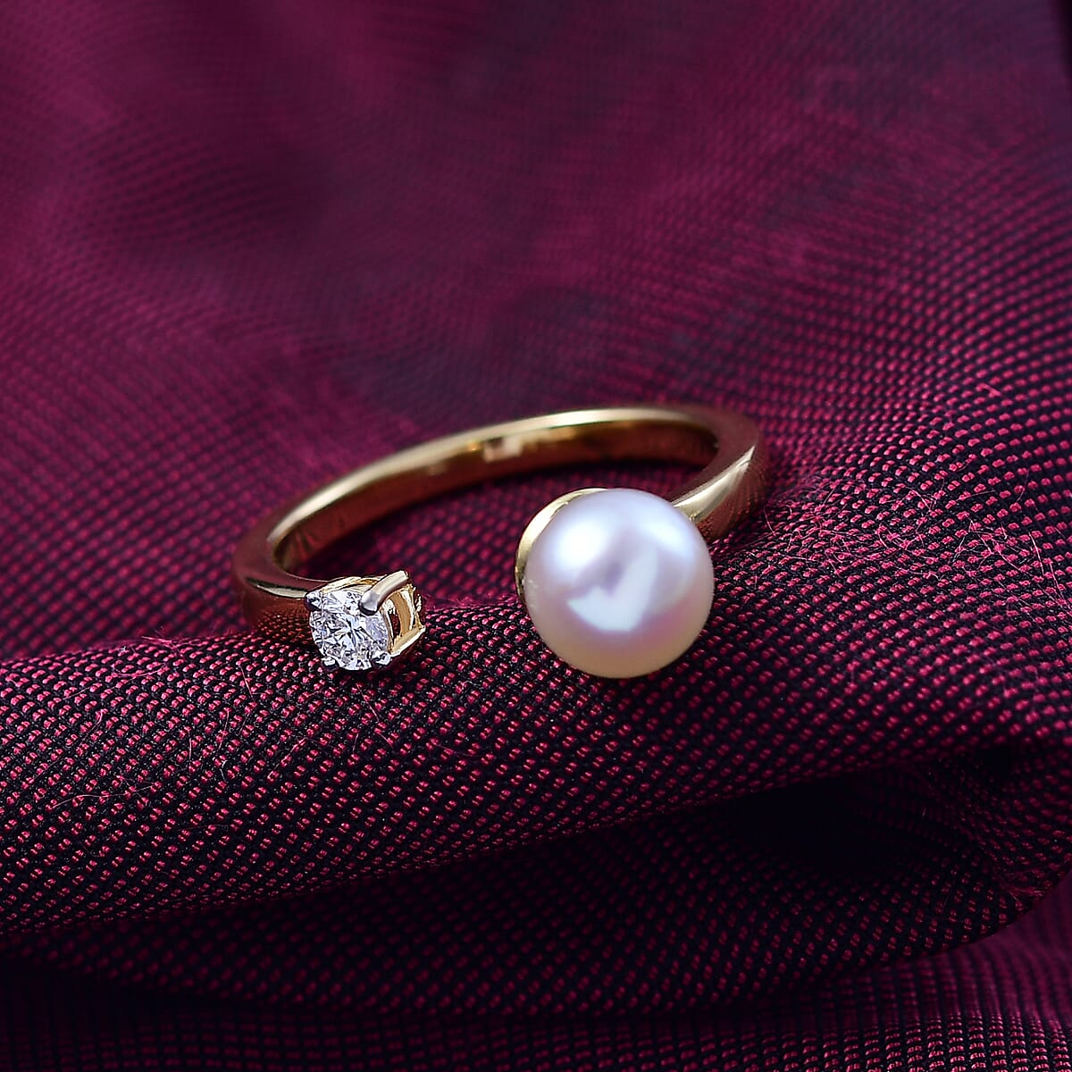 D'Joy Pearl and Lab Grown Diamond I3 0.10 ctw Ring in 18K Vermeil Yellow Gold Over Sterling Silver (Size 5.0) image number 1