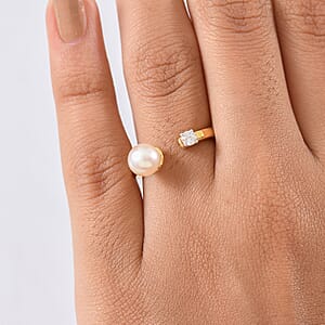D'Joy Pearl and Lab Grown Diamond I3 0.10 ctw Ring in 18K Vermeil Yellow Gold Over Sterling Silver (Size 7.0)