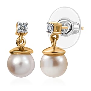 D'Joy Pearl and Lab Grown Diamond I3 0.10 ctw Earrings in 18K Vermeil Yellow Gold Over Sterling Silver
