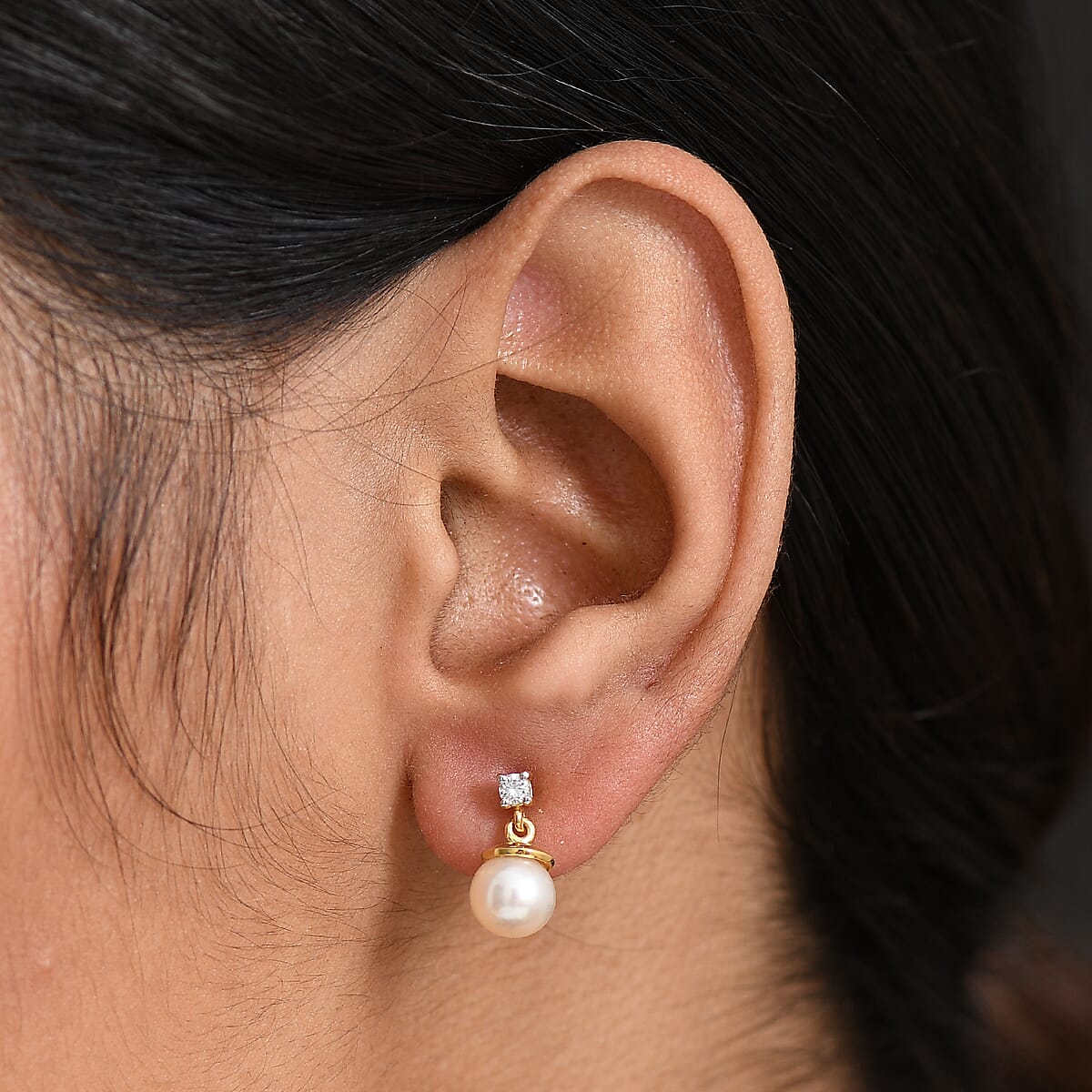 D'Joy Pearl and Lab Grown Diamond I3 0.10 ctw Earrings in 18K Vermeil Yellow Gold Over Sterling Silver image number 2