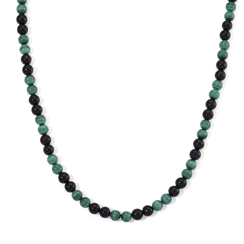 African Malachite and Shungite 230.00 ctw Beaded Necklace in Stainless Steel 18-20 Inches