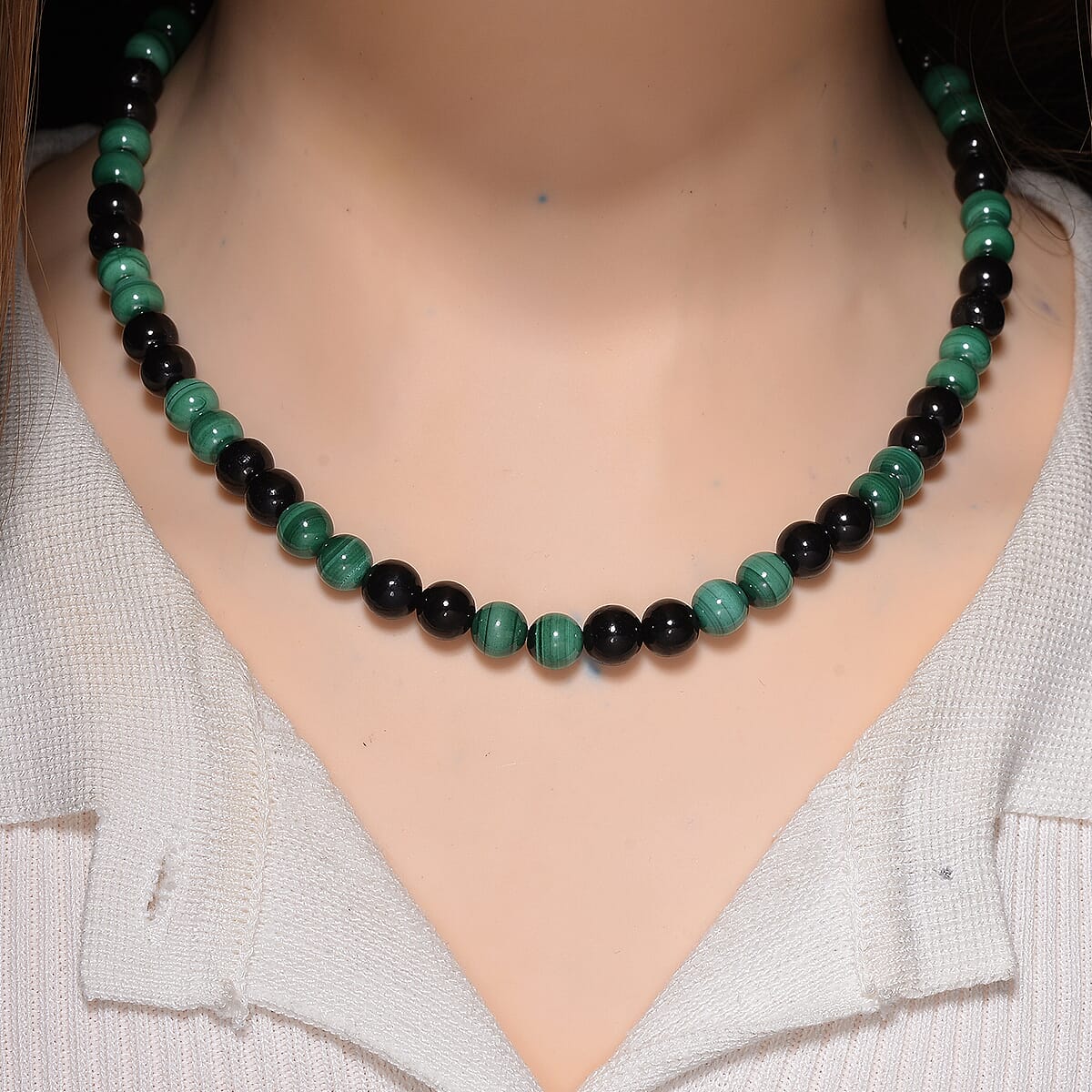 African Malachite and Shungite 230.00 ctw Beaded Necklace in Stainless Steel 18-20 Inches image number 1