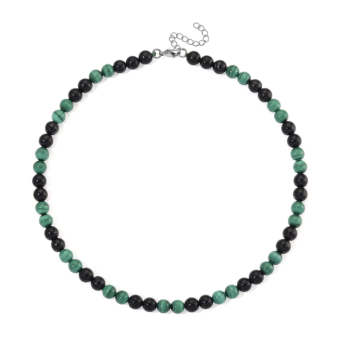 African Malachite and Shungite 230.00 ctw Beaded Necklace in Stainless Steel 18-20 Inches image number 3
