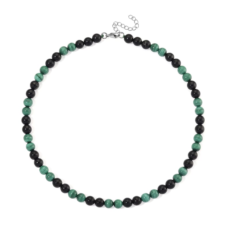 African Malachite and Shungite 230.00 ctw Beaded Necklace in Stainless Steel 18-20 Inches