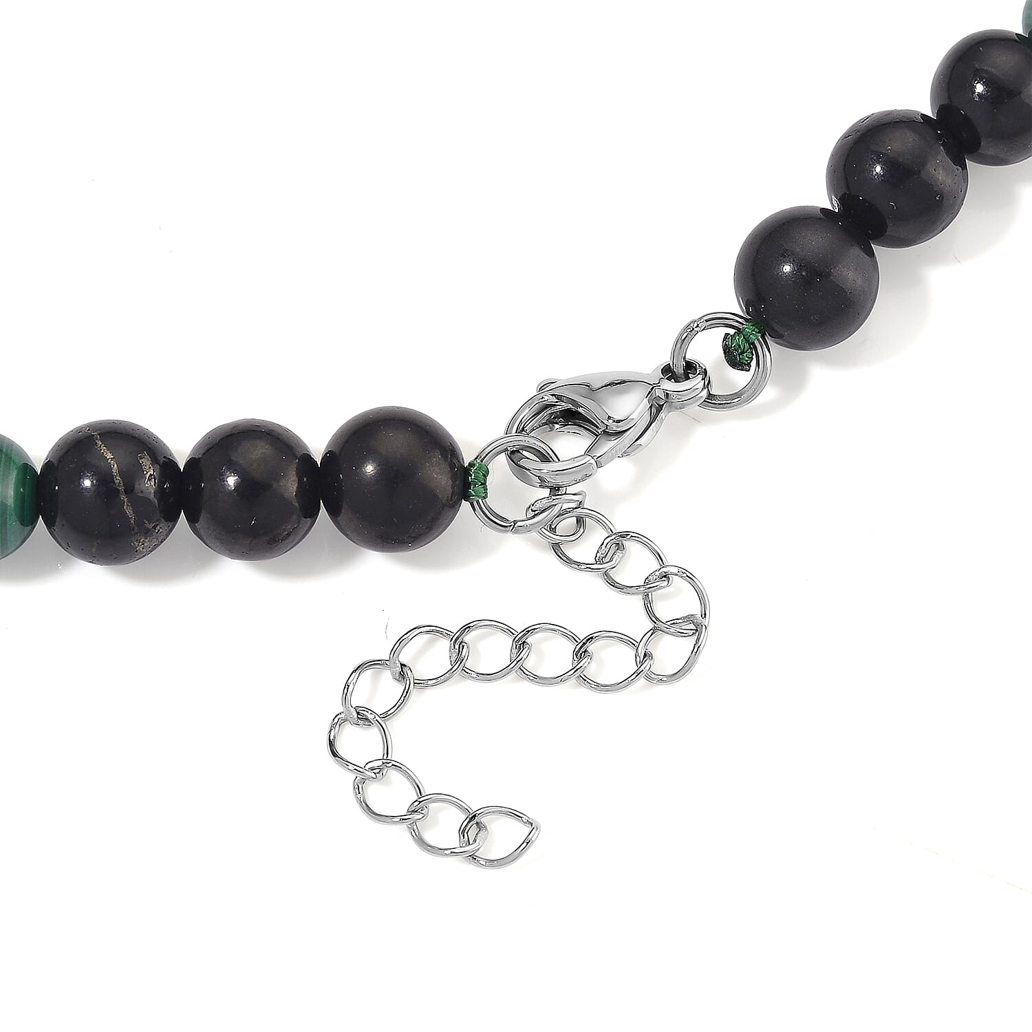 African Malachite and Shungite 230.00 ctw Beaded Necklace in Stainless Steel 18-20 Inches
