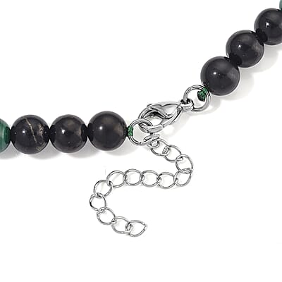 African Malachite and Shungite 230.00 ctw Beaded Necklace in Stainless Steel 18-20 Inches