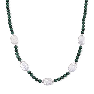 D'Joy African Malachite 120.00 ctw and White Shell Pearl Beaded Necklace in Rhodium Over Sterling Silver 18-20 Inches