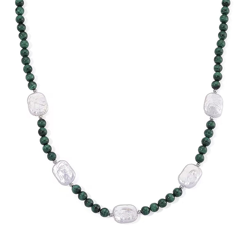 D'Joy African Malachite 120.00 ctw and White Shell Pearl Beaded Necklace in Rhodium Over Sterling Silver 18-20 Inches