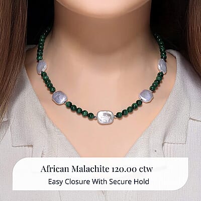 D'Joy African Malachite 120.00 ctw and White Shell Pearl Beaded Necklace in Rhodium Over Sterling Silver 18-20 Inches