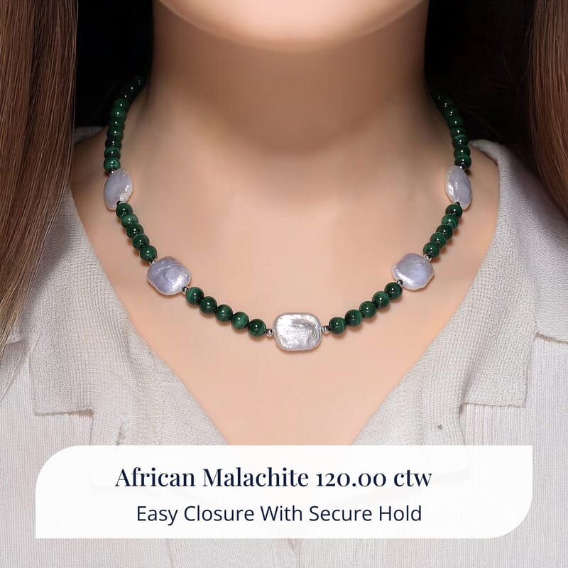D'Joy African Malachite 120.00 ctw and White Shell Pearl Beaded Necklace in Rhodium Over Sterling Silver 18-20 Inches