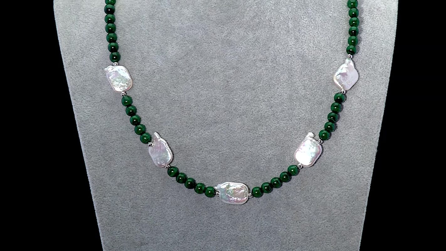 D'Joy African Malachite 120.00 ctw and White Shell Pearl Beaded Necklace in Rhodium Over Sterling Silver 18-20 Inches