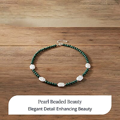 D'Joy African Malachite 120.00 ctw and White Shell Pearl Beaded Necklace in Rhodium Over Sterling Silver 18-20 Inches