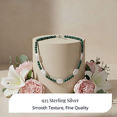 D'Joy African Malachite 120.00 ctw and White Shell Pearl Beaded Necklace in Rhodium Over Sterling Silver 18-20 Inches