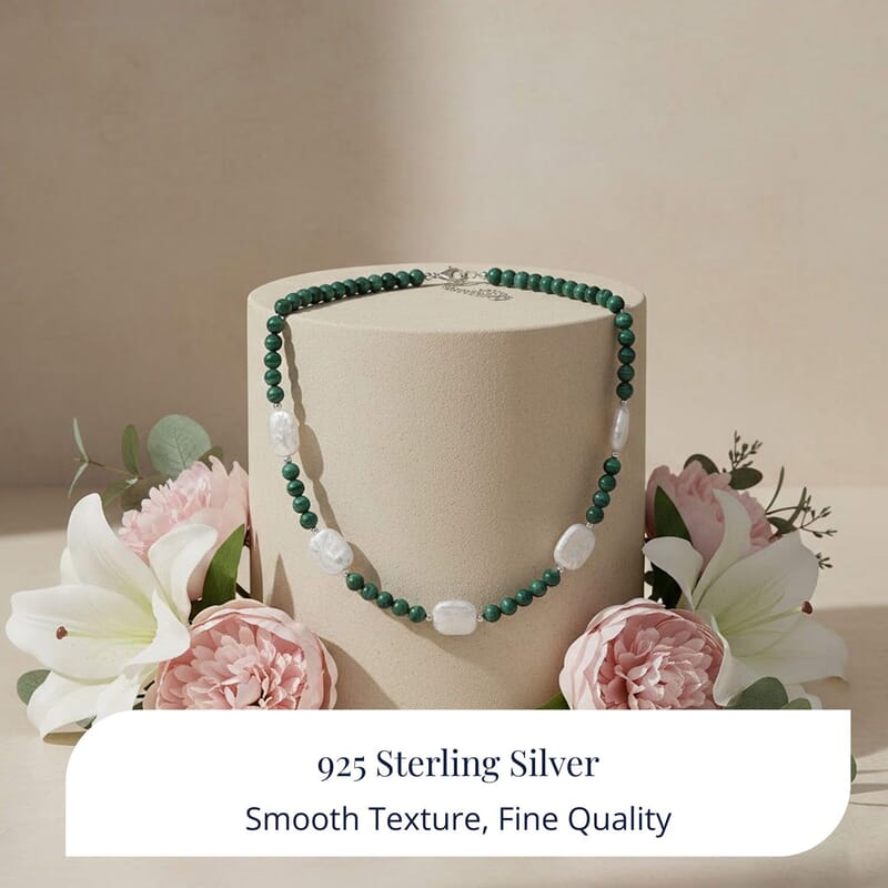 D'Joy African Malachite 120.00 ctw and White Shell Pearl Beaded Necklace in Rhodium Over Sterling Silver 18-20 Inches