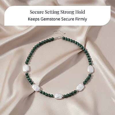 D'Joy African Malachite 120.00 ctw and White Shell Pearl Beaded Necklace in Rhodium Over Sterling Silver 18-20 Inches
