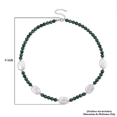 D'Joy African Malachite 120.00 ctw and White Shell Pearl Beaded Necklace in Rhodium Over Sterling Silver 18-20 Inches