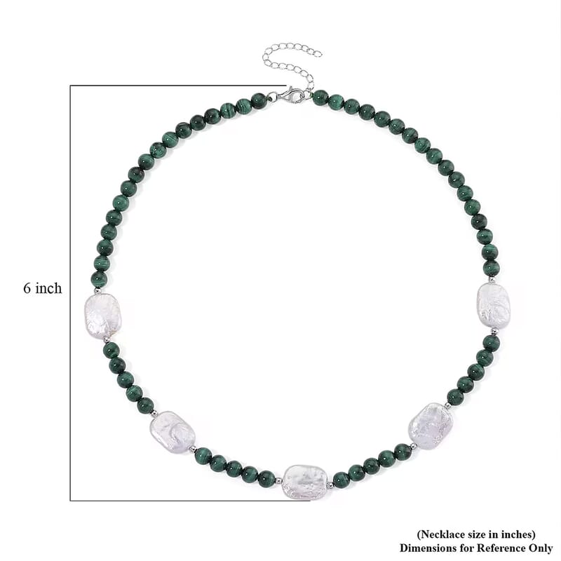 D'Joy African Malachite 120.00 ctw and White Shell Pearl Beaded Necklace in Rhodium Over Sterling Silver 18-20 Inches