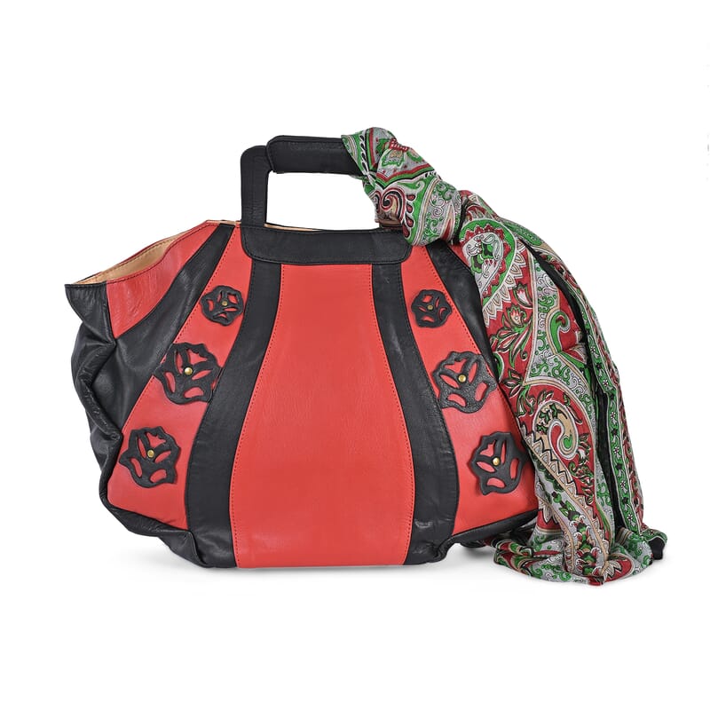 LA MAREY Red 100% Genuine Leather Tote Bag with Silk Scarf