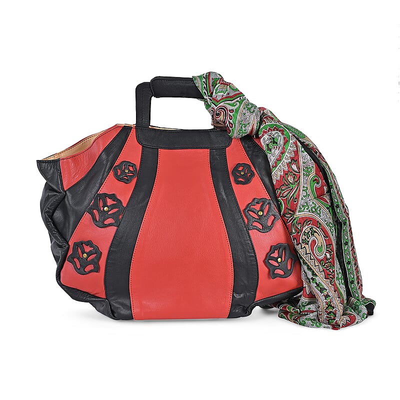 LA MAREY Red 100% Genuine Leather Tote Bag with Silk Scarf