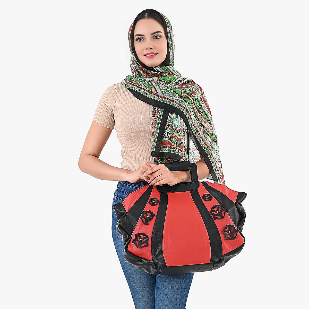 LA MAREY Red 100% Genuine Leather Tote Bag with Silk Scarf  image number 1