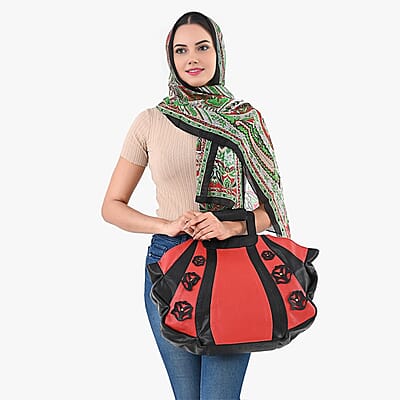 LA MAREY Red 100% Genuine Leather Tote Bag with Silk Scarf