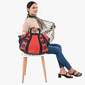 LA MAREY Red 100% Genuine Leather Tote Bag with Silk Scarf 