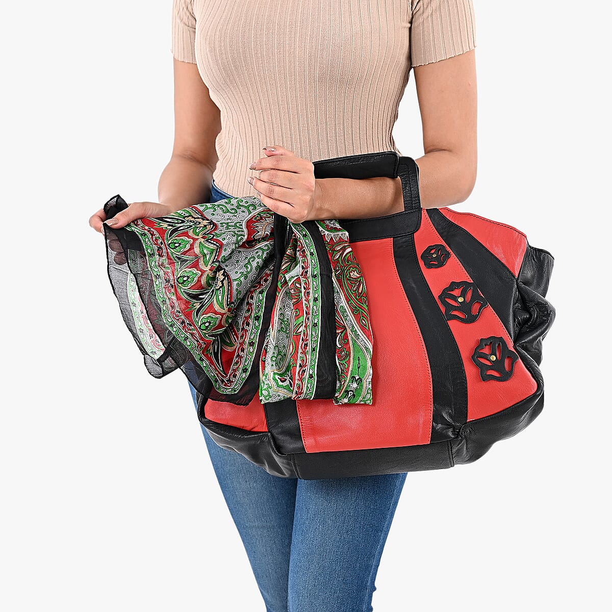 LA MAREY Red 100% Genuine Leather Tote Bag with Silk Scarf  image number 3