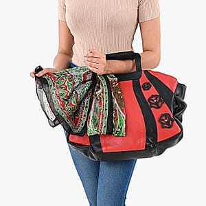 LA MAREY Red 100% Genuine Leather Tote Bag with Silk Scarf 