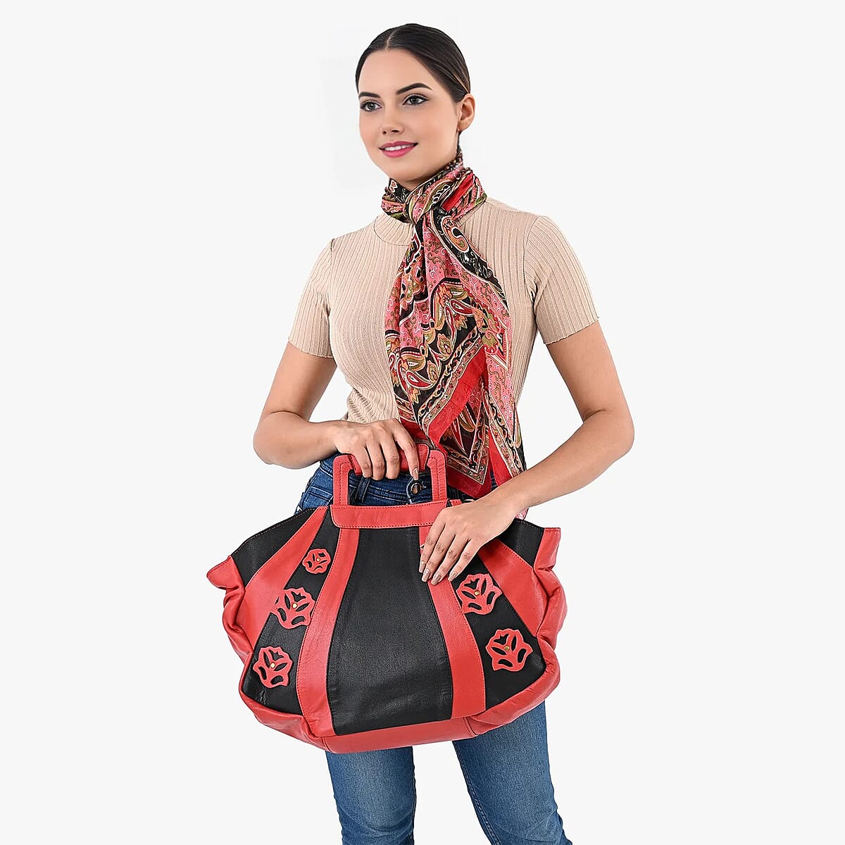 LA MAREY Black 100% Genuine Leather Tote Bag with Silk Scarf image number 1
